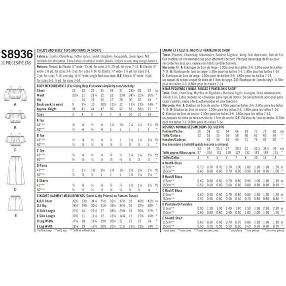 Simplicity Sewing Pattern 8936 / 10193 Girls Top Pants Shorts Size 3-6 - Picture 2 of 3
